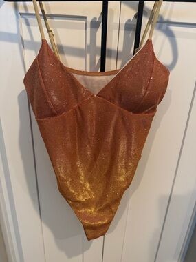 Shimmering Copper Rose  Gold V-Neck Bathing Suit